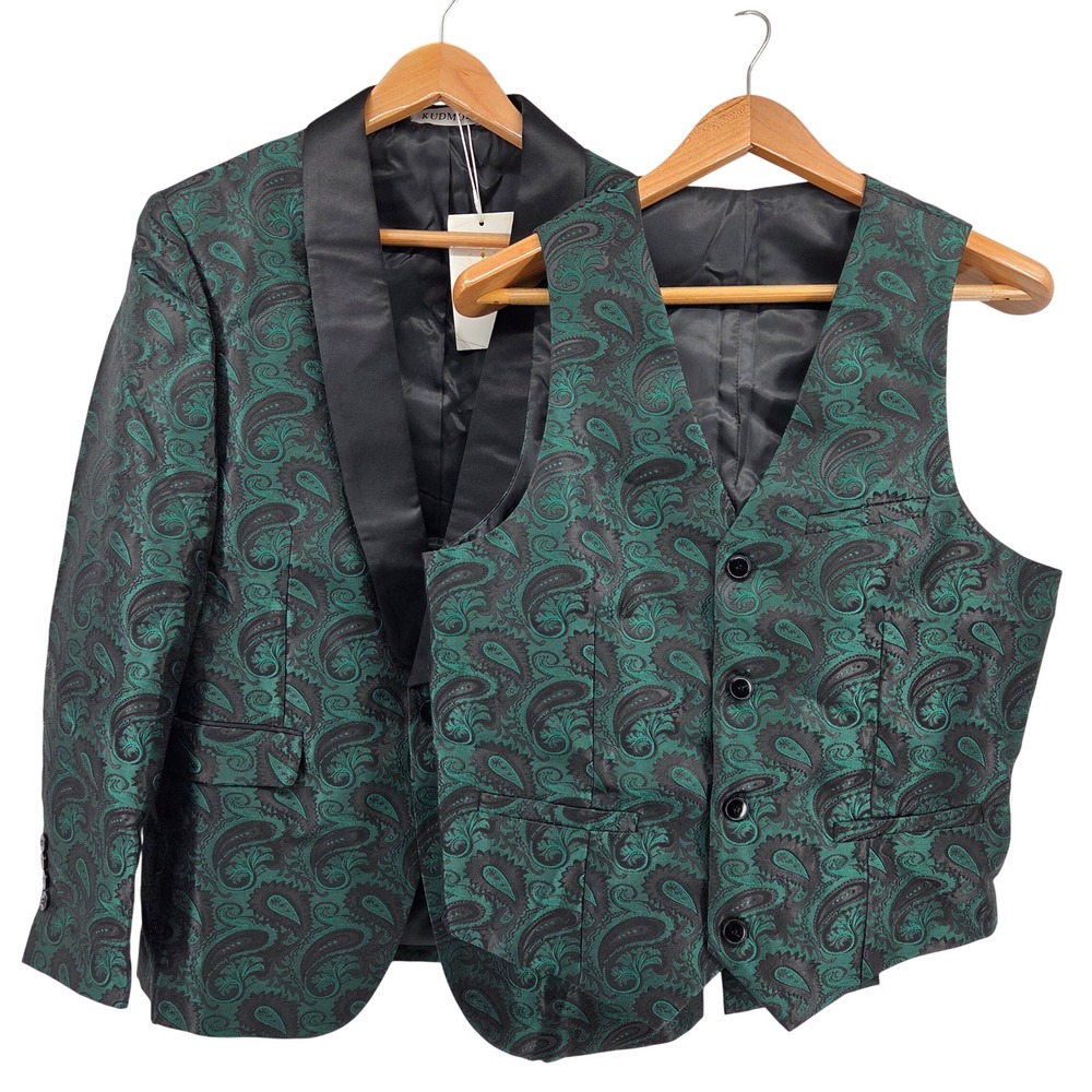 Kudmol Blazer‎ Vest Set Green Paisley Shawl Lapel Tuxedo Jacket 40S Formal